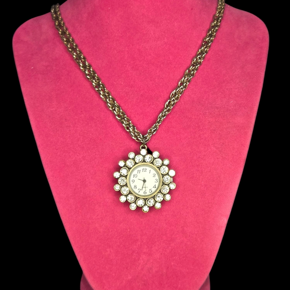 Vintage Rhinestone Quartz Watch Necklace